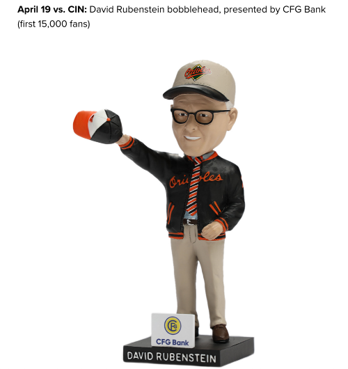 April 19 vs. CINL David Reubenstein Bobblehead, presented by CFG Bank (first 15,000 fans). A photo of the Bobblehead features the figurine of Rubenstein wearing an O's cap and warmup jacket over a shirt and tie. He has another O's cap in his upraised right arm for some reason.