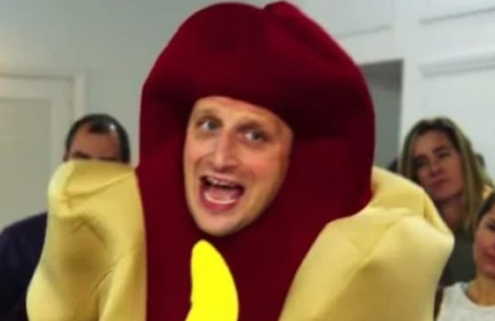 Tim Robinson in the hot dog suit in the "we're all trying to find the guy who did this" sketch from "I Think You Should Leave"