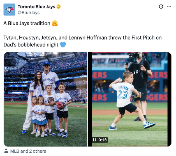 Tweet from the Blue Jays re: reliever Jeff Hoffman: "A Blue Jays tradition 🤗 Tytan, Houstyn, Jetsyn, and Lennyn Hoffman threw the First Pitch on Dad's bobblehead night" with a photo of Hoffman, his wife, and four young children