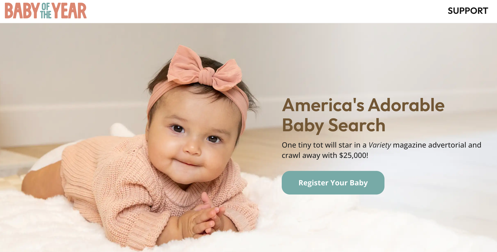 A web page for "Baby of the Year" entires. It has a photo of a baby and the words "America's Adorable Baby Search." And a registration form.