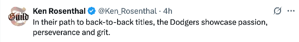 Ken Rosenthal Tweet: "In their path to back-to-back titles, the Dodgers showcase passion, perseverance and grit"