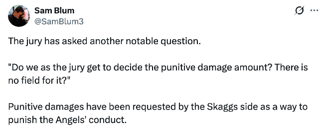 Tweet from Sam Blum of The Athletic: "The jury has asked another notable question. "Do we as the jury get to decide the punitive damage amount? There is no field for it?" Punitive damages have been requested by the Skaggs side as a way to punish the Angels' conduct."