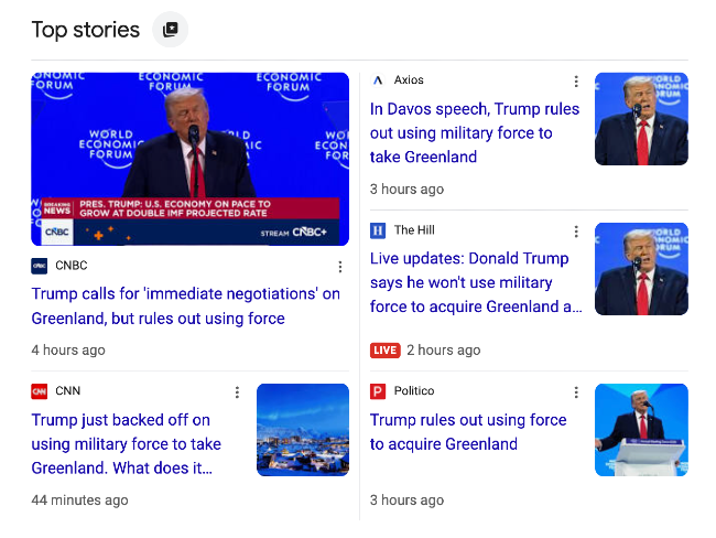 A Google News search result showing five stories from major media outlets saying "Trump rules out using force to acquire Greenland"