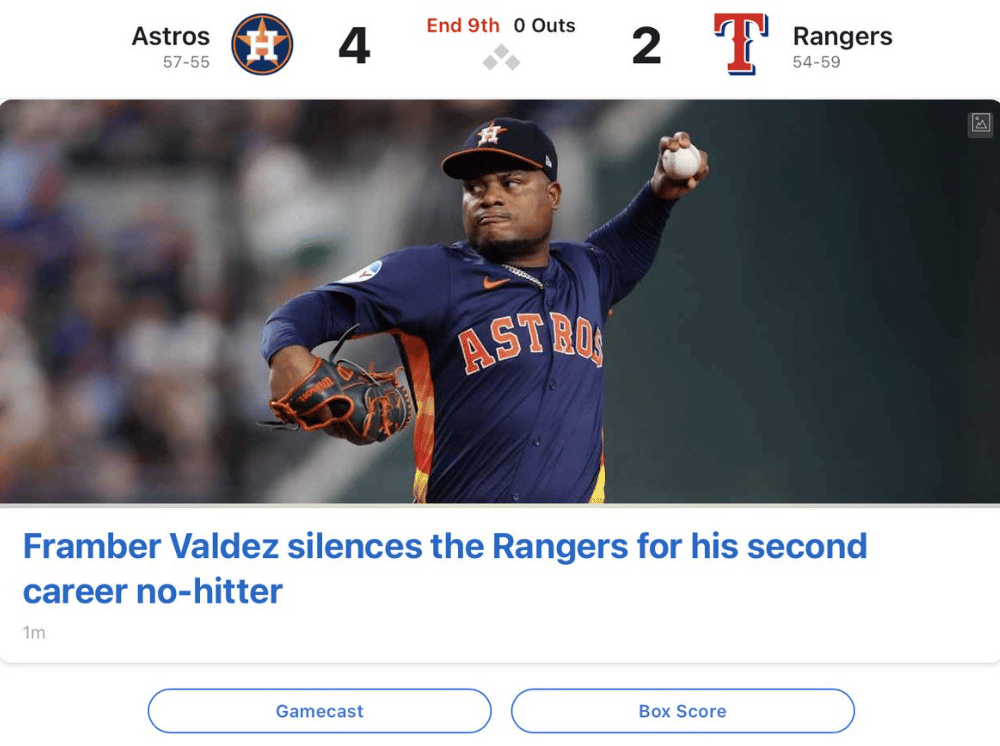 ESPN headline: "Framber Valdez silences the Rangers for his second career no-hitter"