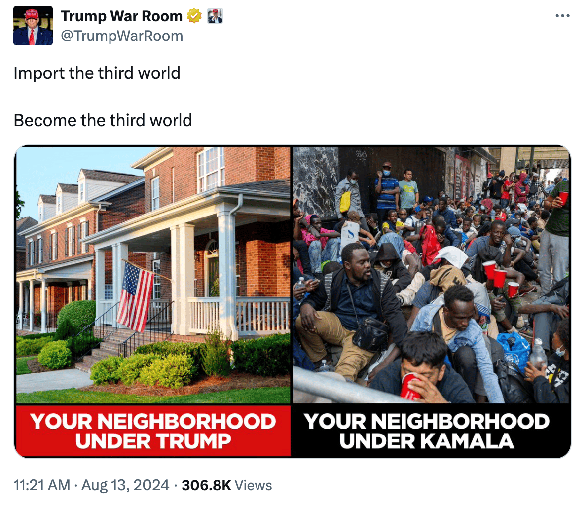Trump campaign tweet saying "Import the third third world become the thrd world" over a photo of a nice neighborhood with the words "your neighborhood under Trump" and photo of dozens of Black people bunched together saying "your neighoborhood under Kamala"