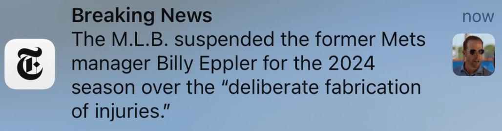 Tweet from the New York Times saying "The MLB" has suspended Eppler, who it identifies as the team's former "manager"
