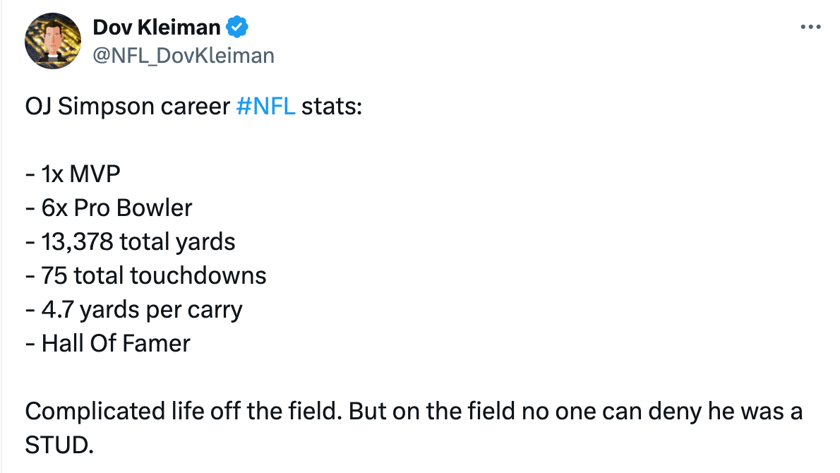 Tweet from a football writer: "OJ Simpson career #NFL stats: - 1x MVP - 6x Pro Bowler - 13,378 total yards - 75 total touchdowns - 4.7 yards per carry - Hall Of Famer Complicated life off the field. But on the field no one can deny he was a STUD.