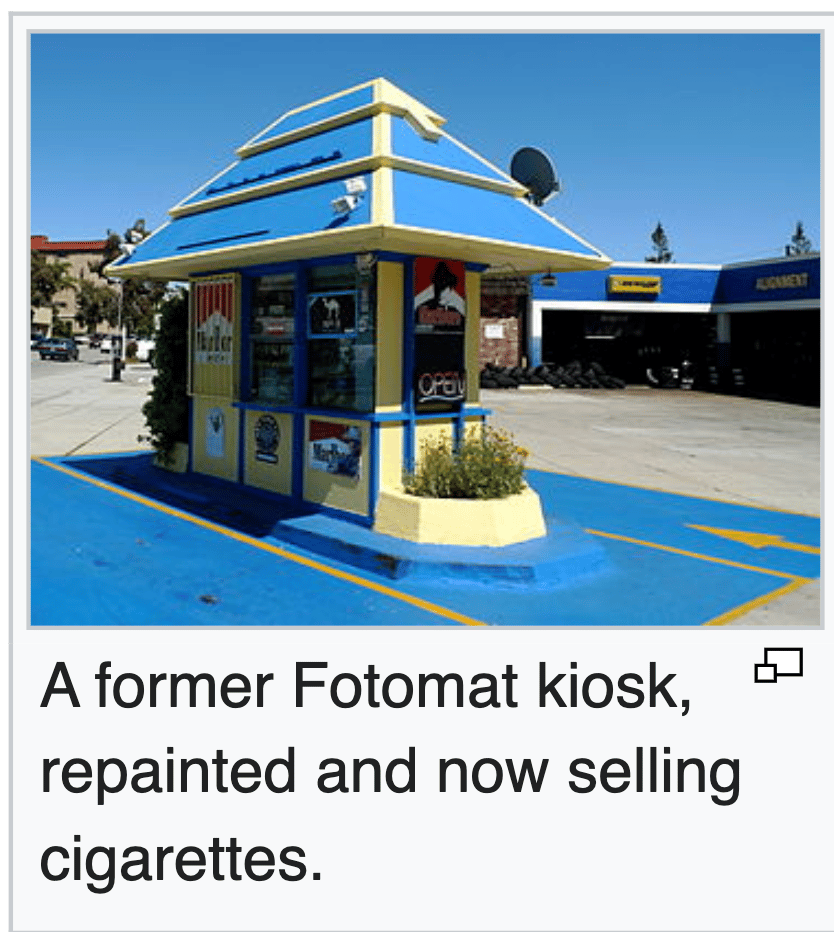 A former Fotomat kiosk, repainted and now selling cigarettes.