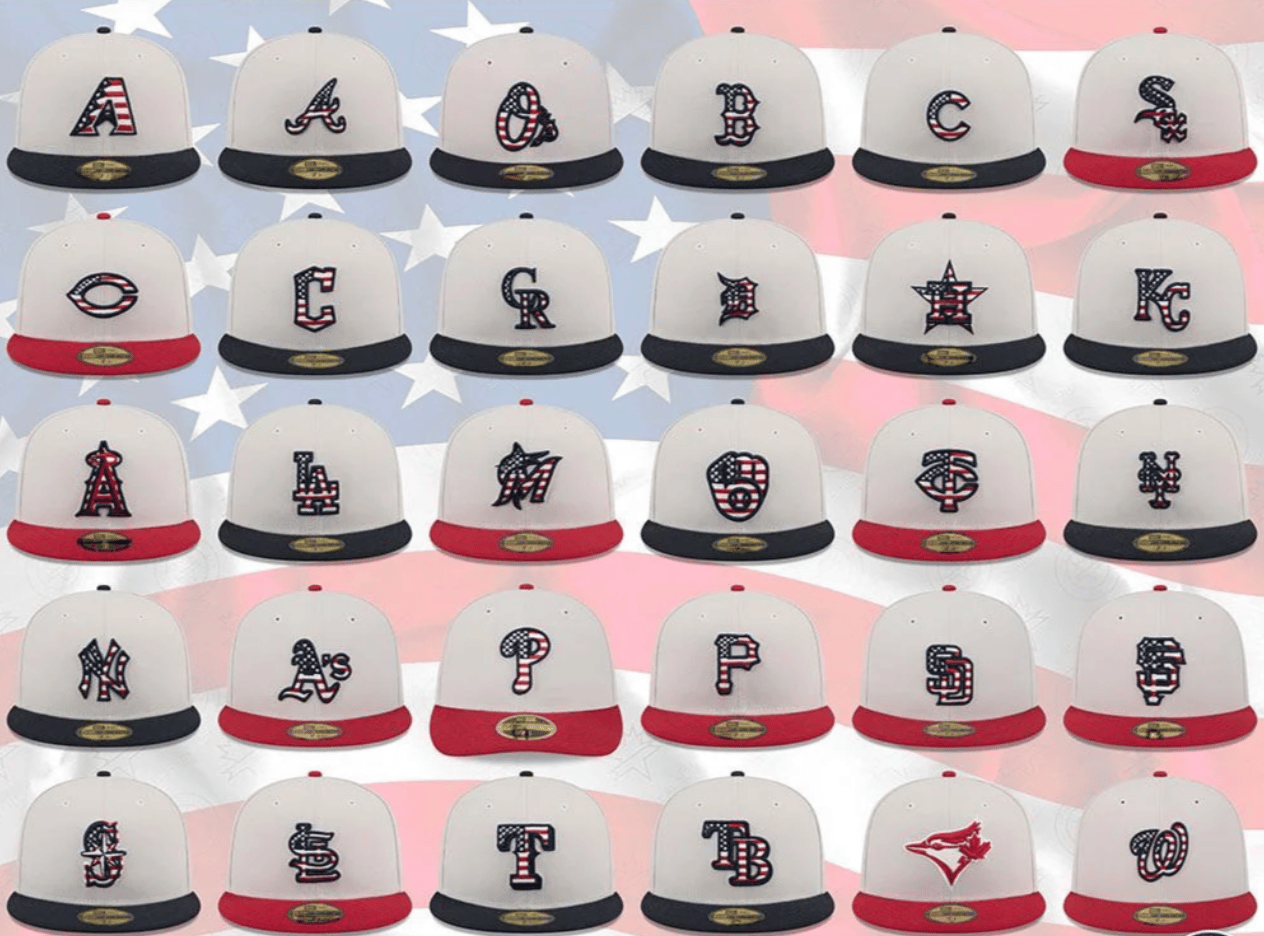 MLB fourth of July caps. All white or tan with star-spangeled logos