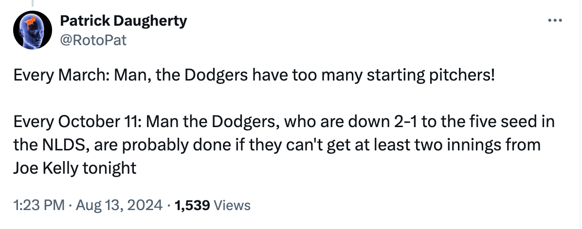 Tweet: "Every March: Man, the Dodgers have too many starting pitchers! Every October 11: Man the Dodgers, who are down 2-1 to the five seed in the NLDS, are probably done if they can't get at least two innings from Joe Kelly tonight"