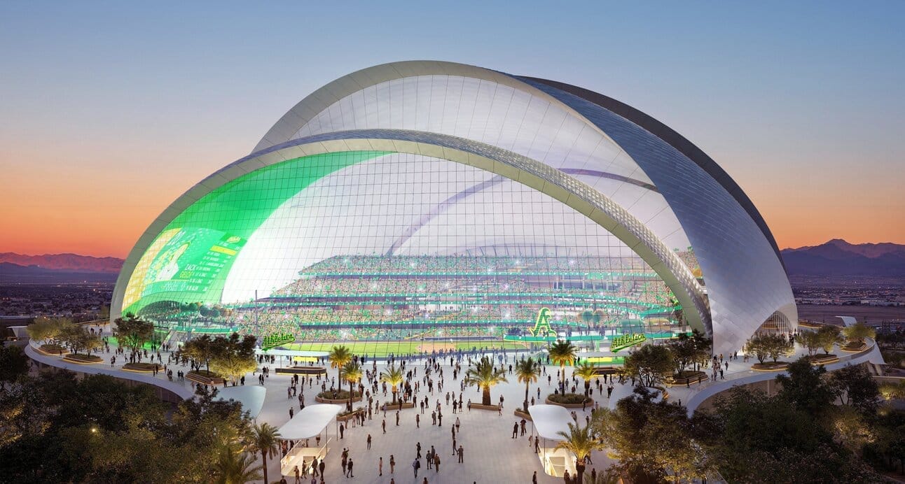 Stadium rendering that shows a giant shell-style superstructure with a largely transparent side