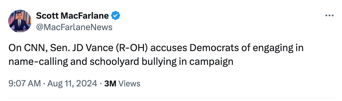 "On CNN, Sen. JD Vance (R-OH) accuses Democrats of engaging in name-calling and schoolyard bullying in campaign"