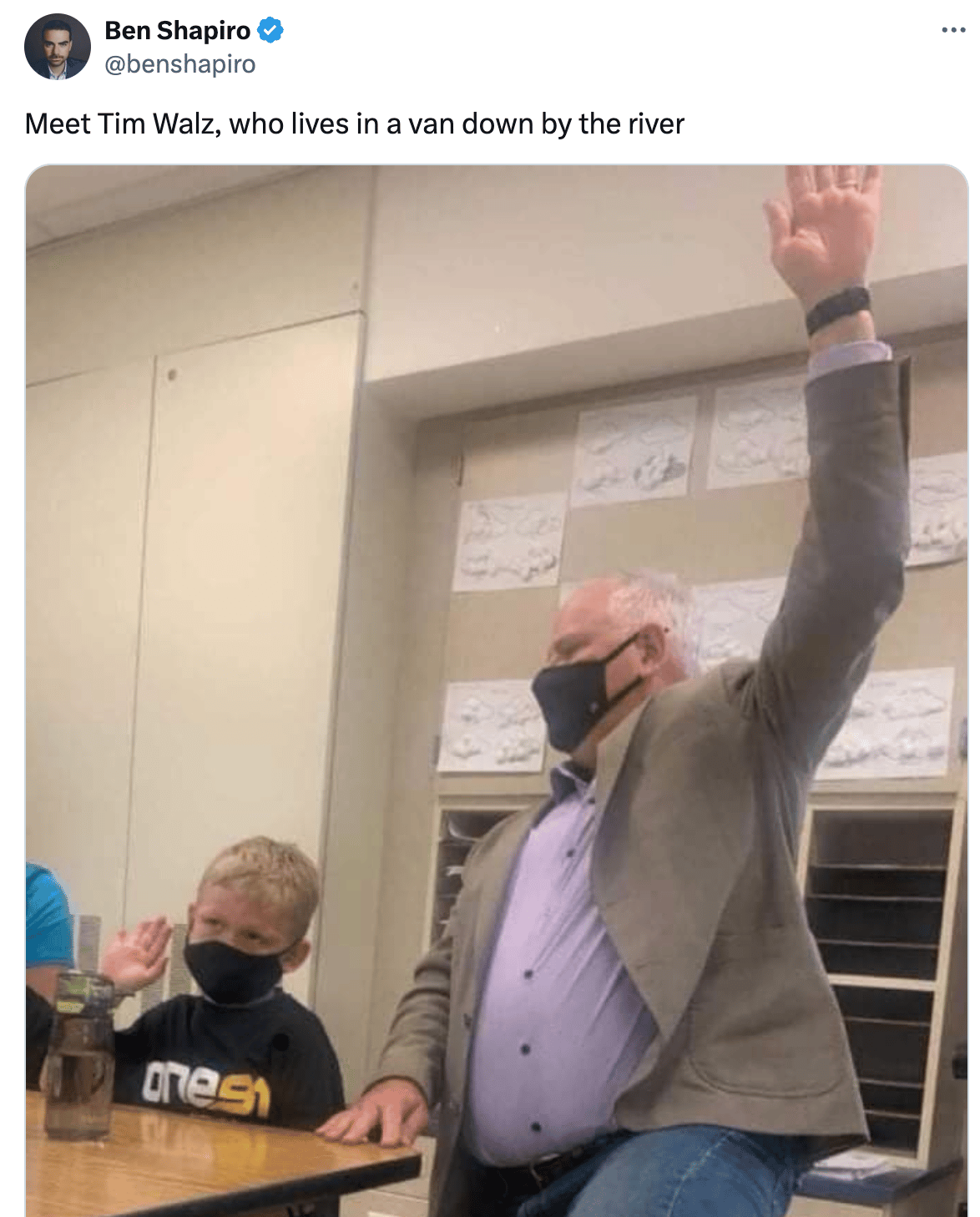 Tweet from Ben Shapiro over a photo of Tim Walz with Shaprio saying "Meet Tim Walz, who lives in a van down by the river!"