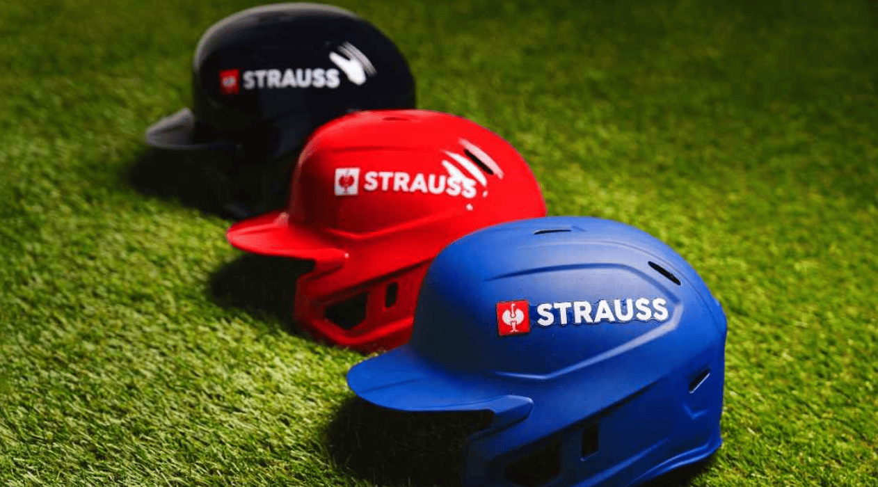 Generic batting helmets with the "STRAUSS" stickers on each side