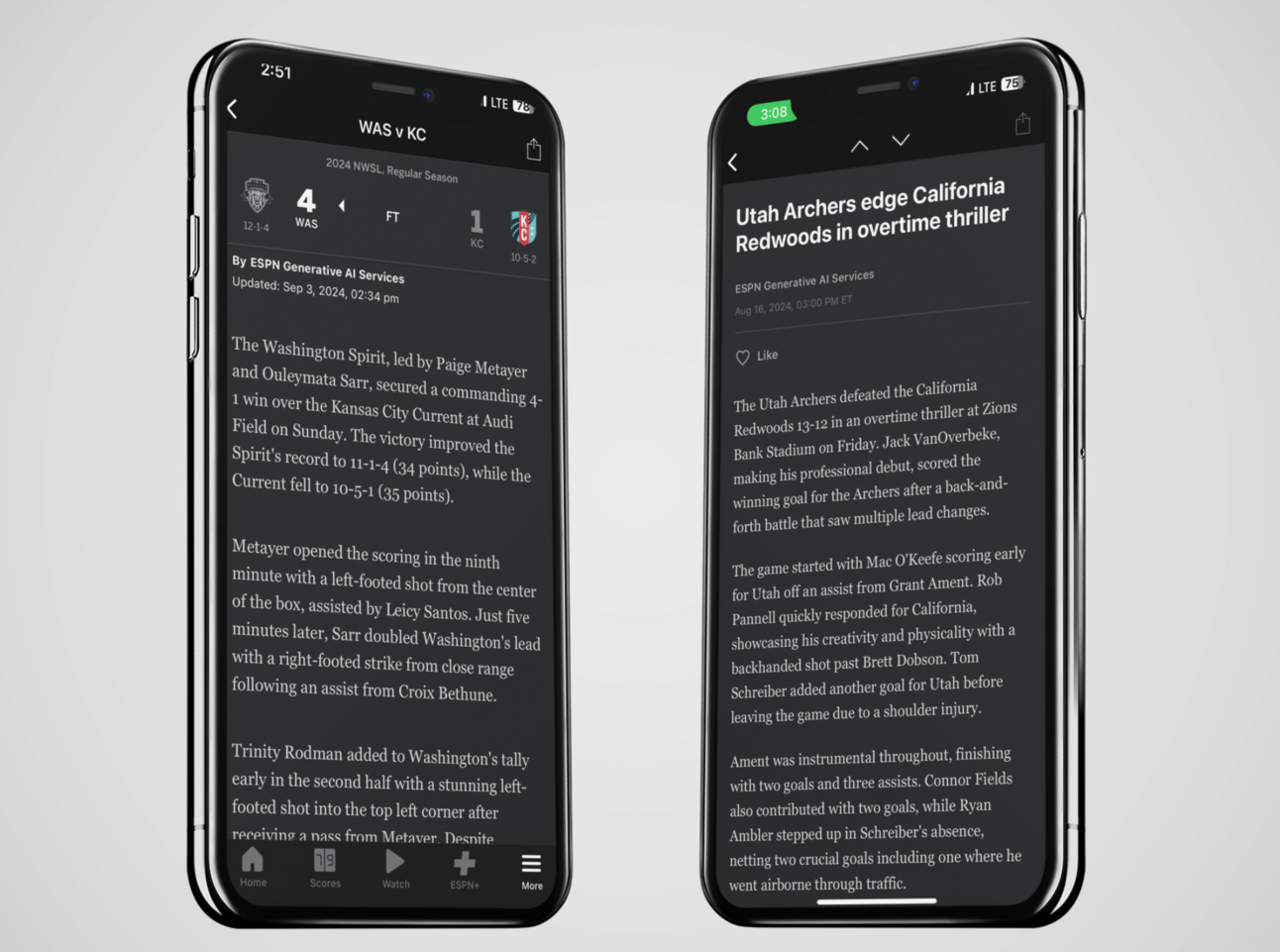 Photo of an iphone displaying an A.I. generated game story about a soccer match