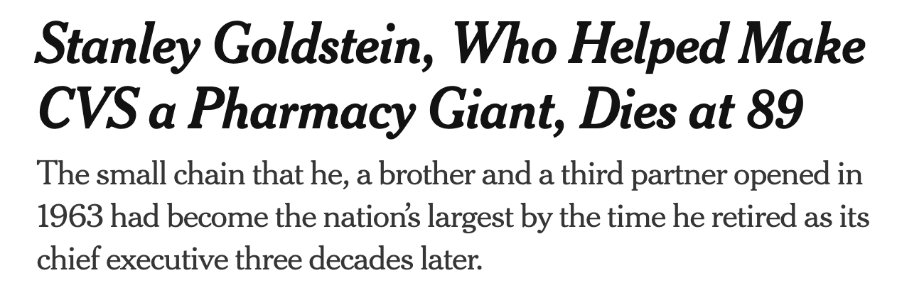 Headline: founder of CVS dies at 89
