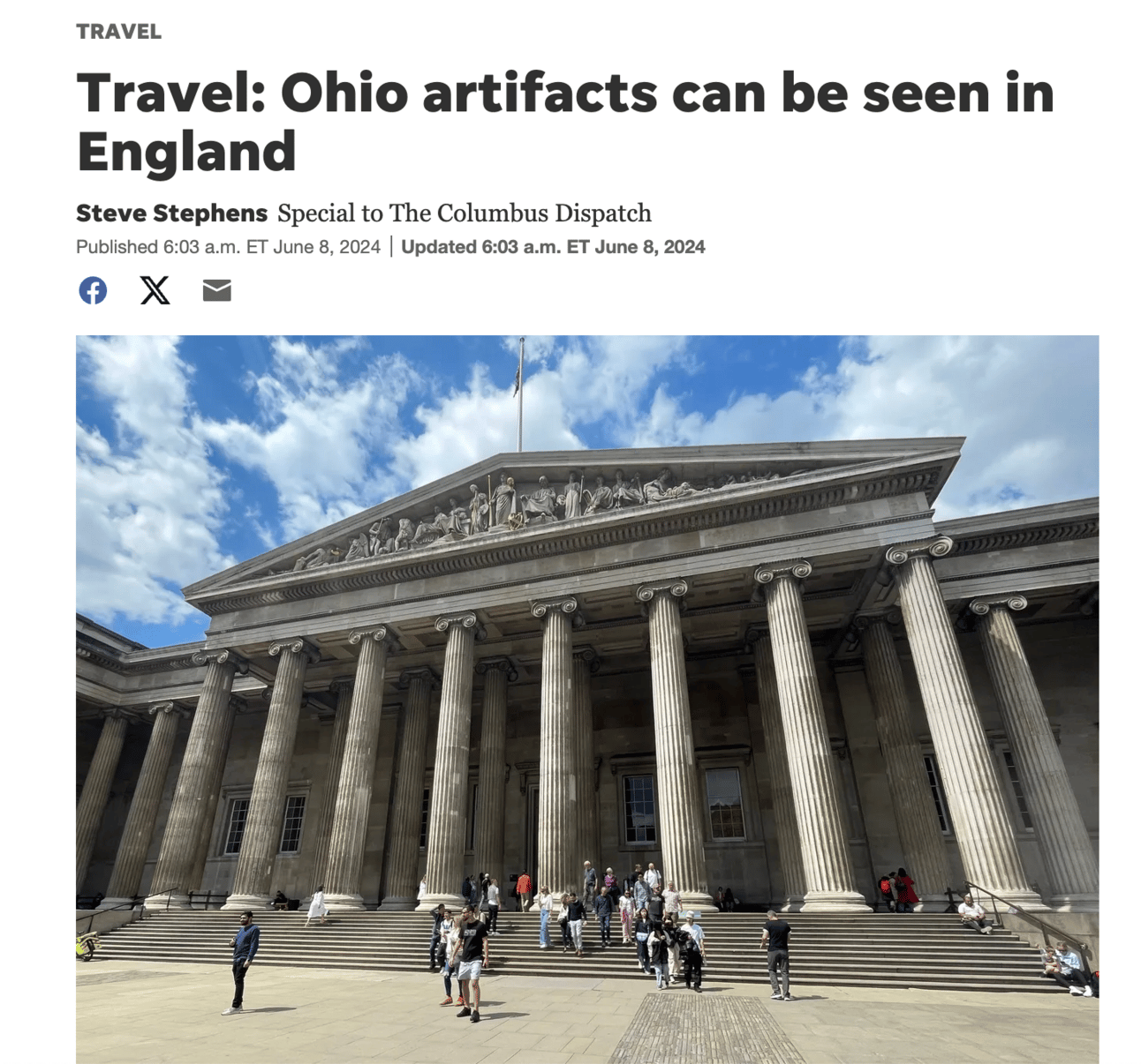 News story: Travel: Ohio Ohio artifacts can be seen in England" over a photo of the British Museum