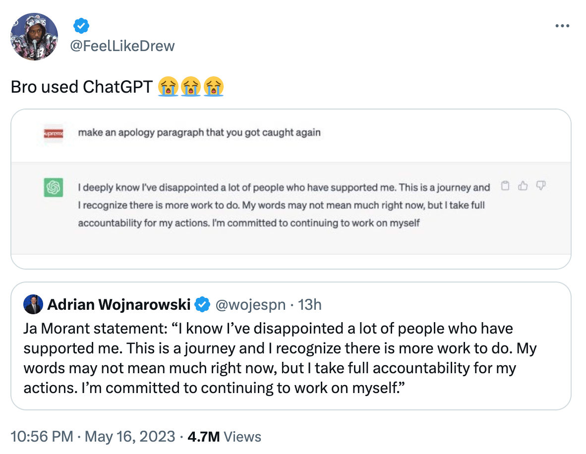A tweet showing that the official statement is taken word-for-word from that ChaptGPT search