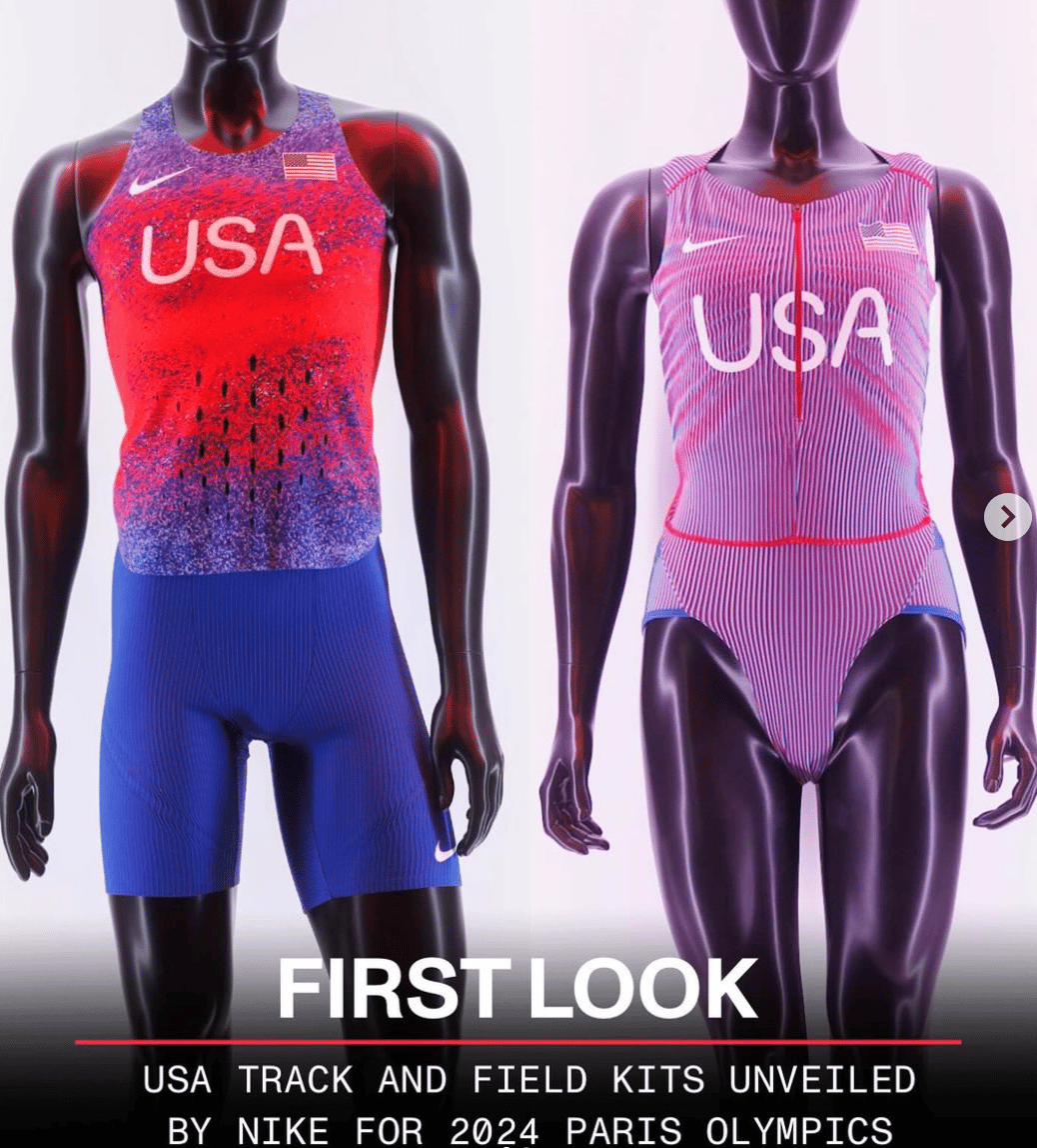 Instargam photo oftwo mannequins, one male and one female, wearing the new USA tack and field kit. The female mannequin is shown wearing an extremely high-cut pantyline
