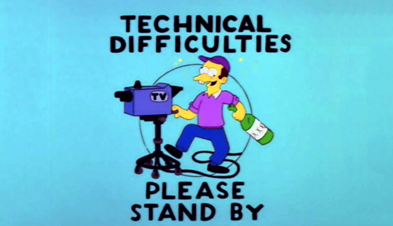 Simpsons "technical difficulties screen with the picture of a drunk cameraman