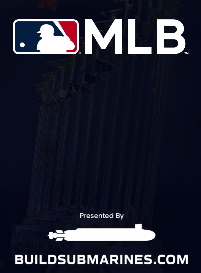 MLB app landing page wit the bg MLB logo on top and "presented by Buildsubmarines.com" on the bottom alongside a picture of a submarine