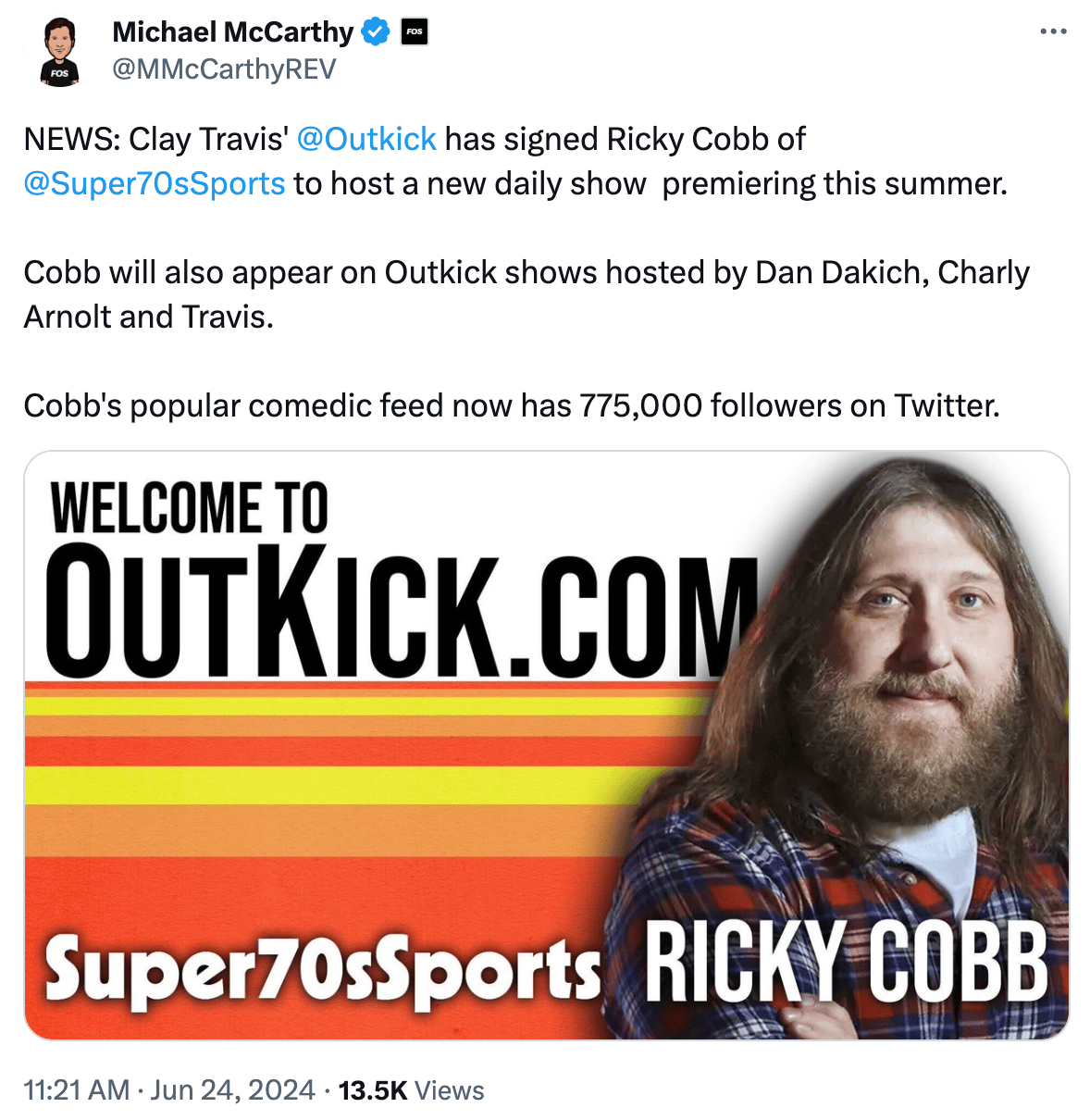 Tweet: "Clay Travis' @Outkick has signed Ricky Cobb of @Super70sSports to host a new daily show premiering this summer. Cobb will also appear on Outkick shows hosted by Dan Dakich, Charly Arnolt and Travis.