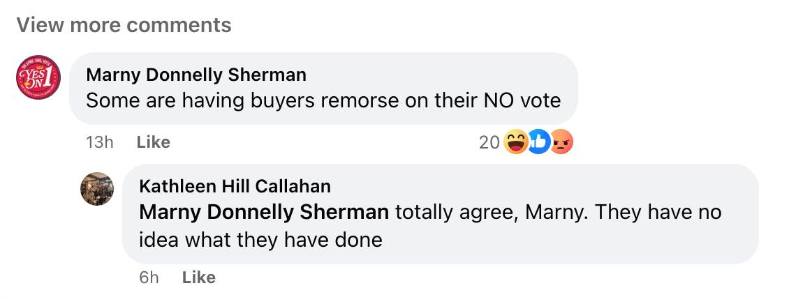 Facebook post in which Marny Sherman says voters "are having buyers remorse on their NO vote." A friend says "totally agree Marny, They have no idea what they have done."