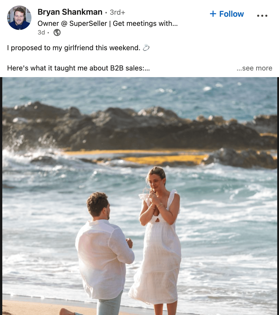 LinkedIn post with a photo of a guy on his knee proposing to a woman, with the caption "I proposed to my girlfriend this weekend. 💍 Here's what it taught me about B2B sales"