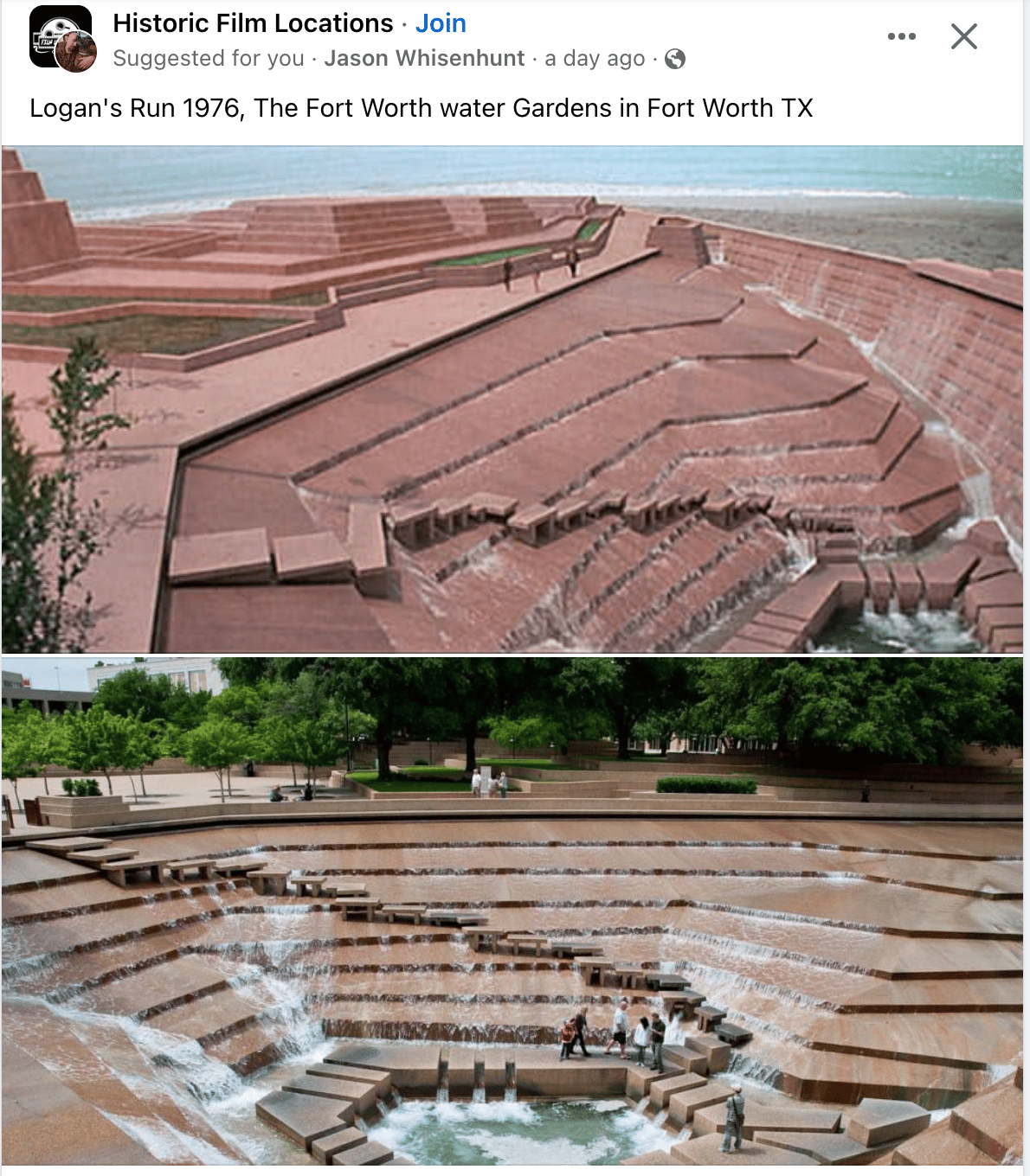 Two photos of the Fort Worth Water Gardens one used as a movie set from the 1970s, the other in the present day