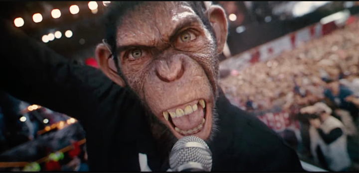 A chimpanzee singing on stage. For some damn reason.