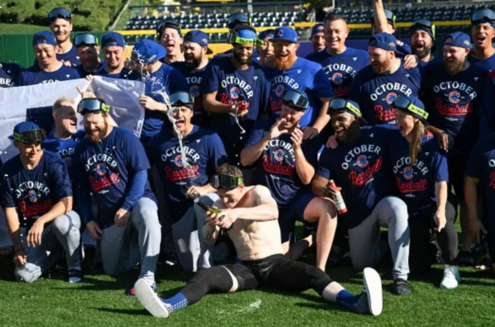 Cubs celebrating after clinching a playoff spot