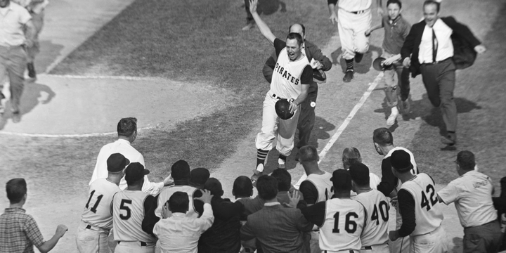 Bill Mazeroski crossing home plate in Game 7, 1960